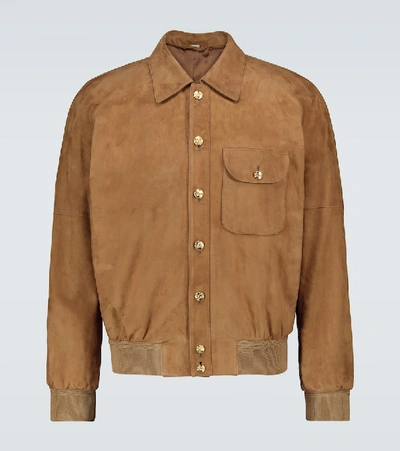 Shop Gucci Suede Bomber Jacket In Brown