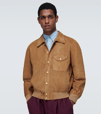 Shop Gucci Suede Bomber Jacket In Brown