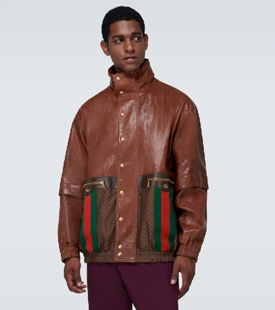 Shop Gucci Web Striped Leather Jacket In Brown