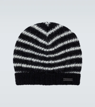 Shop Saint Laurent Striped Mohair-blend Hat In Black