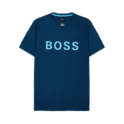 Shop Hugo Boss Tiburt Navy Logo Cotton-blend T-shirt In Dark Blue
