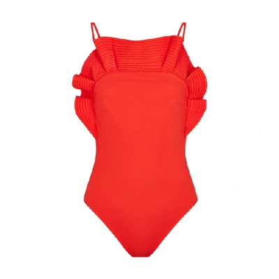 Shop Angelys Balek Red Ruffle-trimmed Swimsuit