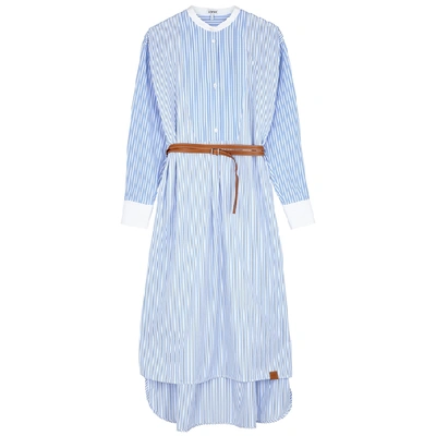 Shop Loewe Blue Striped Belted Cotton Midi Dress In White And Blue