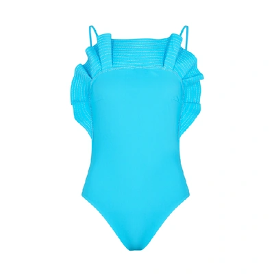 Shop Angelys Balek Blue Ruffle-trimmed Swimsuit