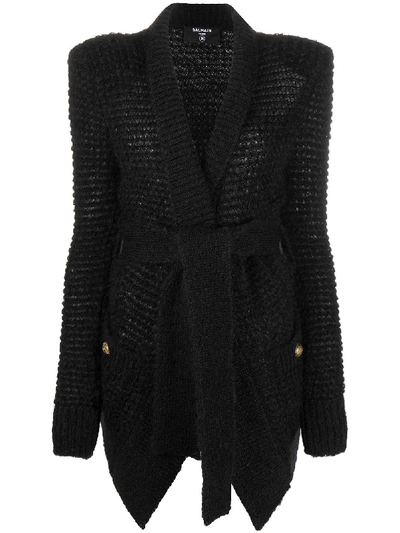 Shop Balmain Tie-waist Knitted Cardigan In Black