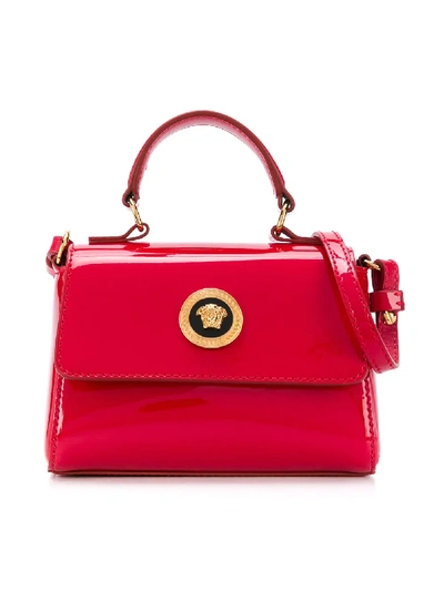 Shop Young Versace Patent Logo Plaque Shoulder Bag In Red