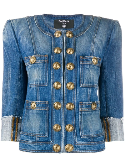 Shop Balmain Collarless Stonewashed Denim Jacket In Blue