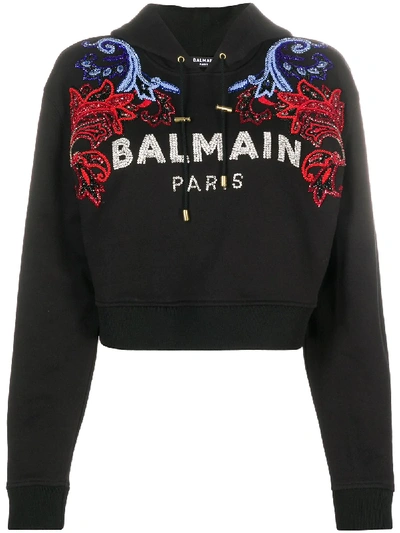 Shop Balmain Crystal Logo Embellished Hoodie In Black