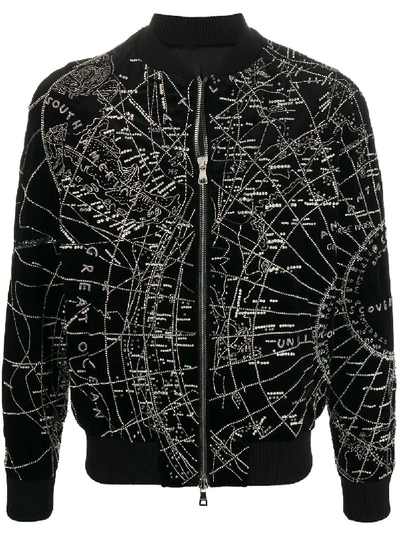 Shop Balmain Map Embroidery Bomber Jacket In Black