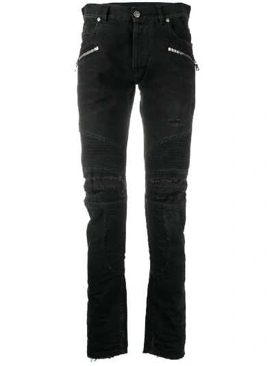 Shop Balmain Monogram Detail Slim-fit Jeans In Black
