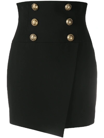 Shop Balmain Short High-waist Buttoned Wrap Skirt In Black