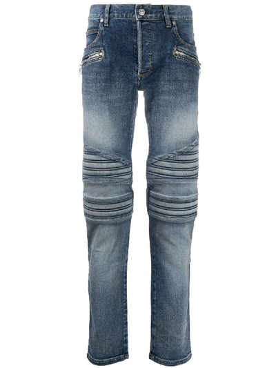 Shop Balmain Monogram Detail Slim-fit Jeans In Blue