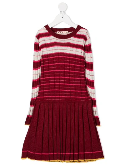 Shop Marni Pleated Skirt Knitted Dress In Red