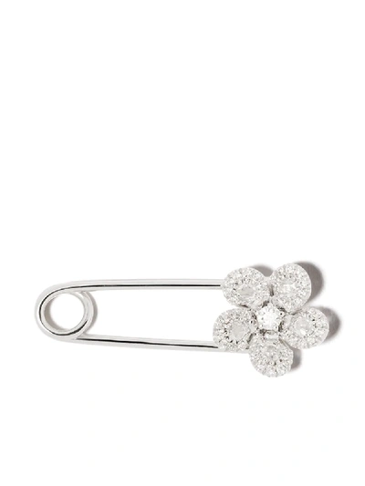 Shop David Morris 18kt White Gold Miss Daisy Flower Diamond Safety Pin Brooch