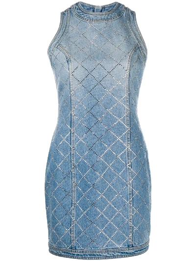 Shop Balmain Rhinestone-embellished Fitted Denim Dress In Blue