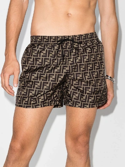 Shop Fendi Double F Print Swim Shorts In Brown