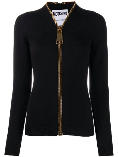 Shop Moschino Knitted Zipped Cardigan In Black