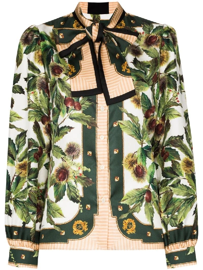 Shop Dolce & Gabbana Chestnut Print Pussy-bow Blouse In Green