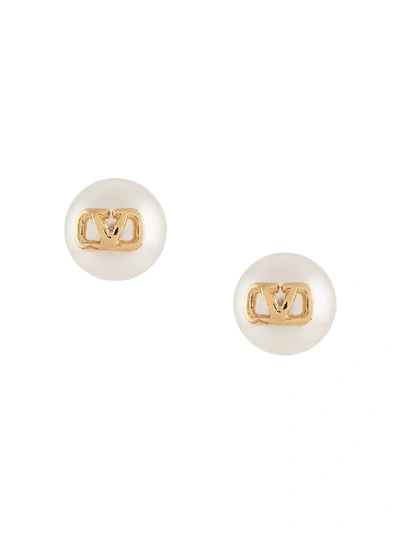 Shop Valentino Mini Vlogo Pearl Earrings In Gold