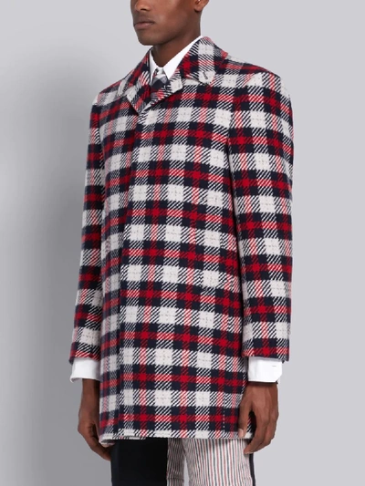 Shop Thom Browne Tricolor Cashmere Tartan Check Tweed Classic Bal Collar Overcoat In Blue