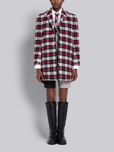 Shop Thom Browne Tricolor Cashmere Tartan Check Tweed Classic Bal Collar Overcoat In Blue