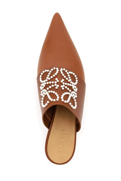 Shop Loewe Leather Mules Pearl Anagram In Brown,beige,white