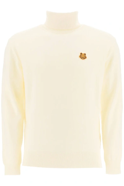 Shop Kenzo Turtleneck Sweater With Tiger Patch In White,beige