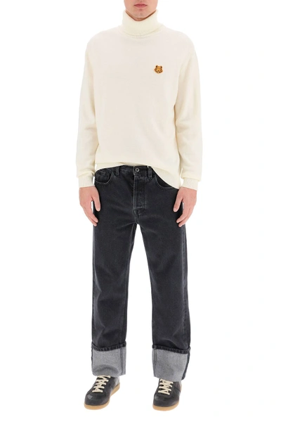 Shop Kenzo Turtleneck Sweater With Tiger Patch In White,beige