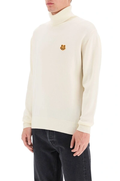 Shop Kenzo Turtleneck Sweater With Tiger Patch In White,beige