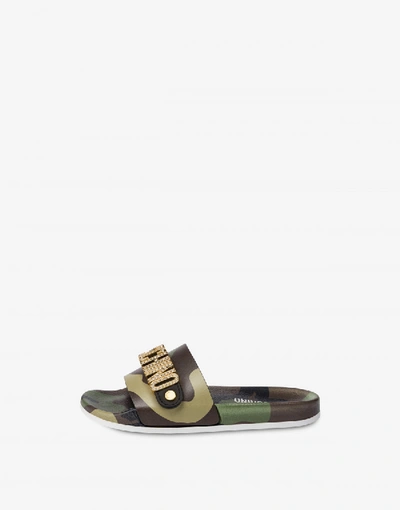 Shop Moschino Pool Slides Military Crystal Logo In Military Green
