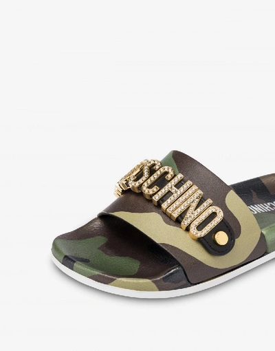 Shop Moschino Pool Slides Military Crystal Logo In Military Green