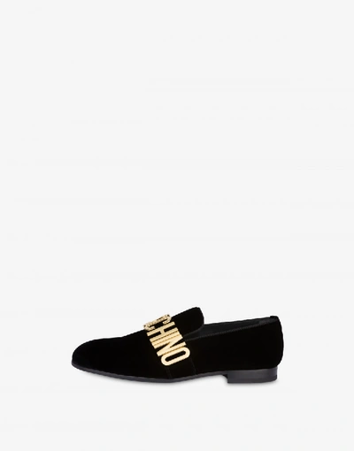Shop Moschino Velvet Loafers Logo Lettering In Black
