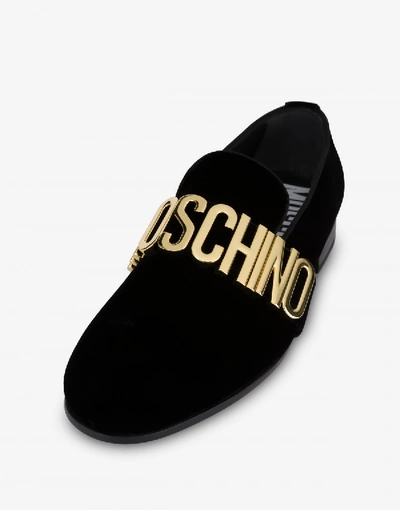 Shop Moschino Velvet Loafers Logo Lettering In Black