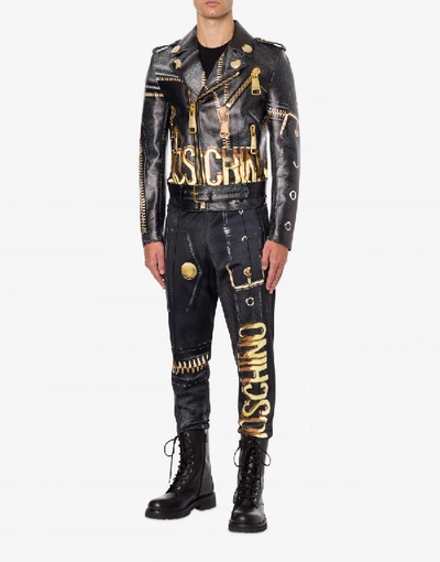 Moschino All Over Logo Print Leather Biker Jacket In Black,gold 