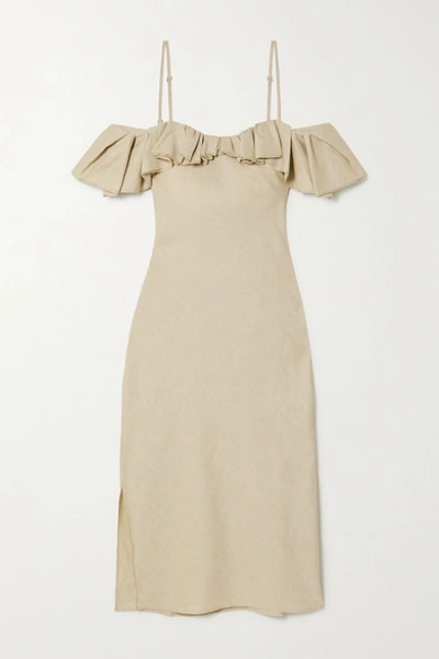 Shop Jacquemus Pampelonne Cold-shoulder Ruffled Cotton And Linen-blend Midi Dress In Green