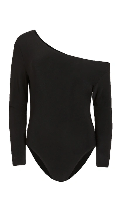 Shop Norma Kamali Long Sleeve Drop Shoulder Bodysuit In Black