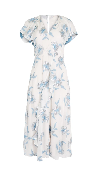 Shop Rebecca Taylor Short Sleeve Metallic Fleur Dress In Snow/blue Combo