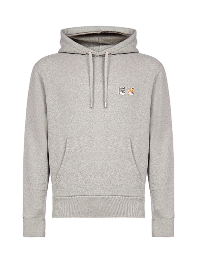 Shop Maison Kitsuné Double Fox Head Patch-logo Cotton Hoodie In Grey Melange