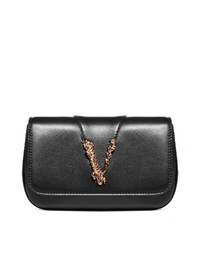 Shop Versace Mini Virtus Leather Bag In Nero Oro