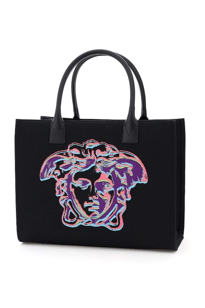 Shop Versace Canvas Tote Bag With Medusa Embroidery In Nero Multicolor Oro Tribute (black)