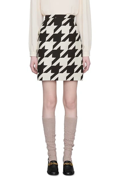 Shop Gucci Houndstooth Silk & Wool Cady Miniskirt In Black/ Dk Gardenia/ Mc