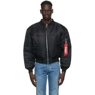 Shop Vetements Reversible Black And Navy Patch Bomber Jacket In Black / Nav