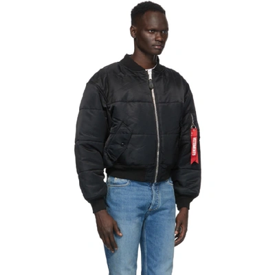 Shop Vetements Reversible Black And Navy Patch Bomber Jacket In Black / Nav