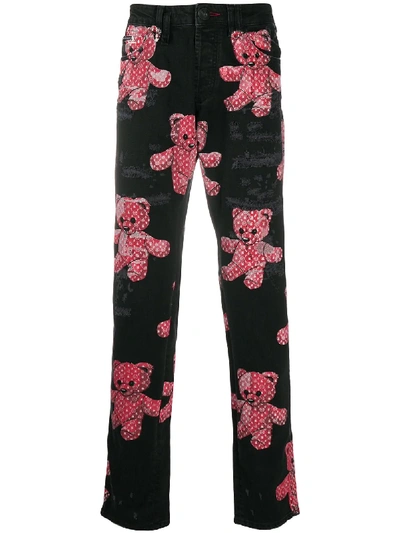 Shop Philipp Plein Super Straight Cut Teddy Bear Print Jeans In Black