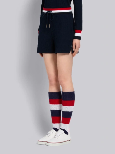 Shop Thom Browne Navy Cotton Seersucker Tricolor Striped Waistband Shorts In Blue