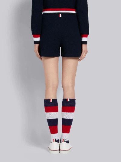Shop Thom Browne Navy Cotton Seersucker Tricolor Striped Waistband Shorts In Blue