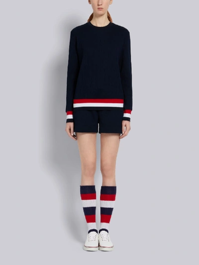 Shop Thom Browne Navy Cotton Seersucker Tricolor Striped Waistband Shorts In Blue