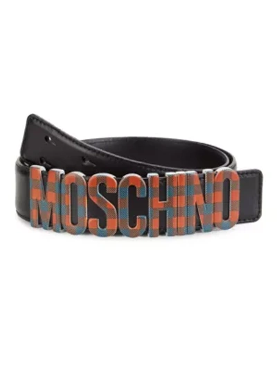 Shop Moschino Plaid Logo Leather Belt In Red Plaid
