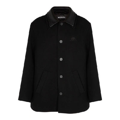 Shop Balenciaga Black Leather-trimmed Wool-blend Coat