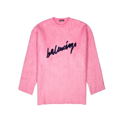 Shop Balenciaga Pink Logo Brushed Cotton-blend Jumper
